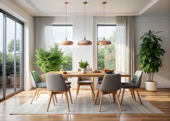 Fototapeta premium Minimalist Dining Room Interior, Elegant Simple Design, Modern Furniture, Food Photography