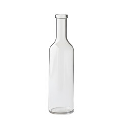A clear glass bottle stands upright on a plain background, showcasing its elegant shape and transparency for product display