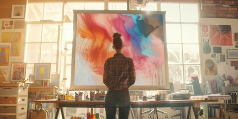 A graphic designer stands before a large digital canvas, stylus in hand, as an AI hologram suggests color schemes and layout improvements. The artistic and inspiring studio features various design