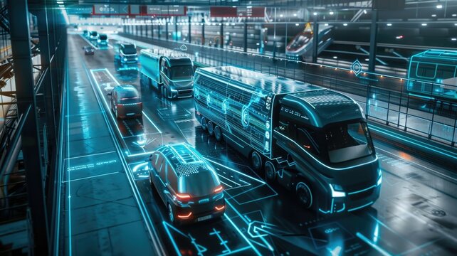 A futuristic transportation hub where humans and AI manage logistics and transportation systems. AI robots assist with loading and unloading cargo, while AI interfaces help travelers with navigation