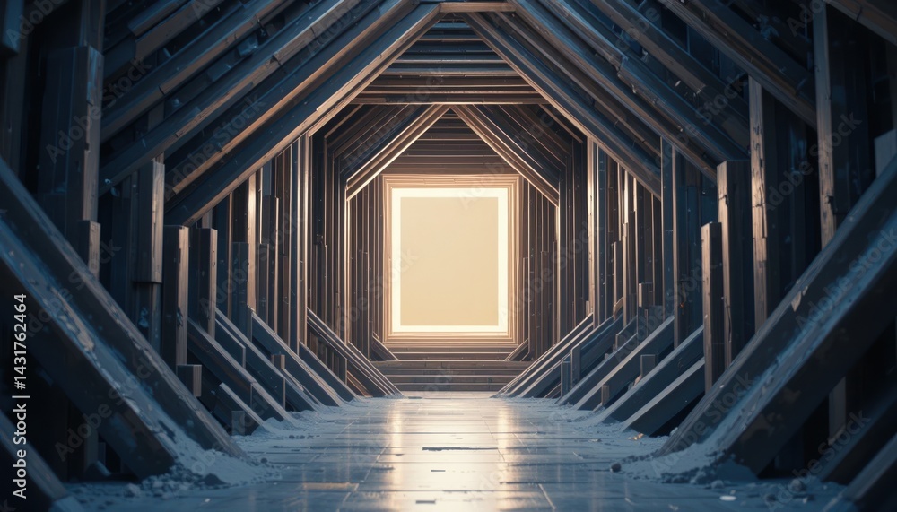 Poster exploring a unique architectural tunnel modern attic space digital art illuminated environment persp