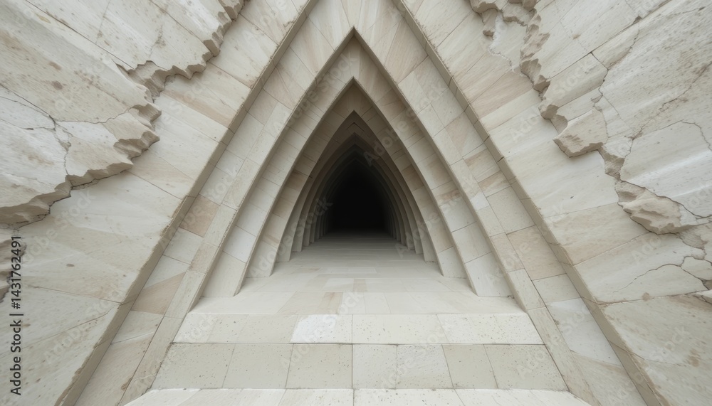 Poster exploring geometric architecture mysterious tunnel digital art minimalist environment wide angle vie