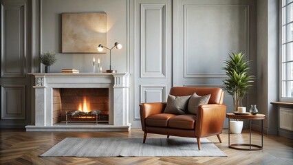 Fototapeta premium Minimalist Elegant Living Room: Leather Armchair, Fireplace, Sofa