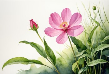 Obraz premium There is a pink flower with green leaves