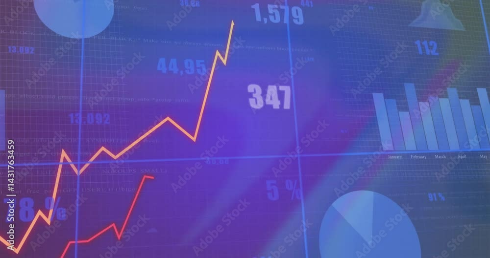 Poster data trends being visualized on gradient grid, with jagged line graphs, bars and pie chart
