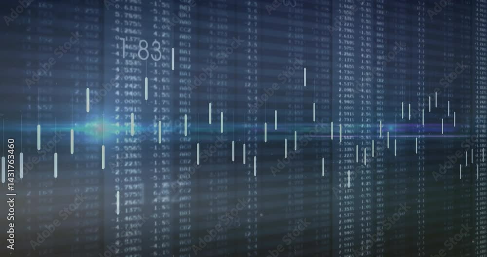 Poster vertical candlestick chart bars being animated over numeric data columns in flat design interface