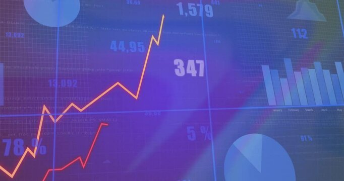 Data trends being visualized on gradient grid, with jagged line graphs, bars and pie chart