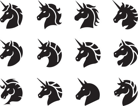 Various Black Silhouette Unicorn Head Designs, vector set logo, unicorn head silhouette 