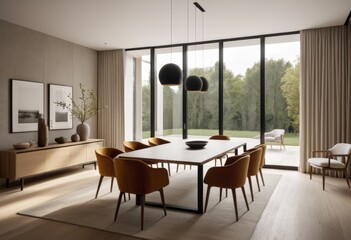 Fototapeta premium There is a dining room with a table and chairs inside