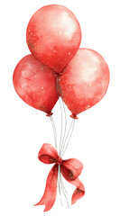 Red watercolor balloons, vibrant festive tones with splatter texture and ribbon bow, isolated on transparent background, high-resolution PNG for autumn parties, fall-themed events, thanksgiving.