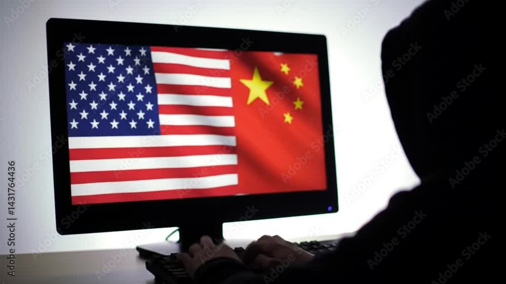 Poster cybersecurity threat: hacker targeting us and china data breach and digital espionage