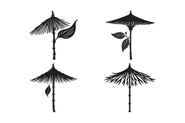 Obraz premium Boho Tribal Bamboo Umbrella Silhouettes with Leaves Vector Design Set