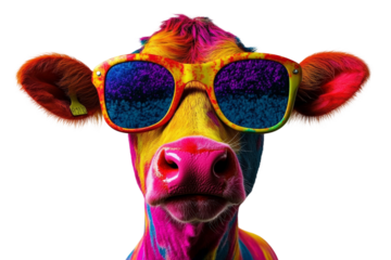 Colorful Cow with Bright Sunglasses in Vibrant Colors, Representing Fun and Whimsy in Farm Life, Ideal for Playful and Cheerful Designs