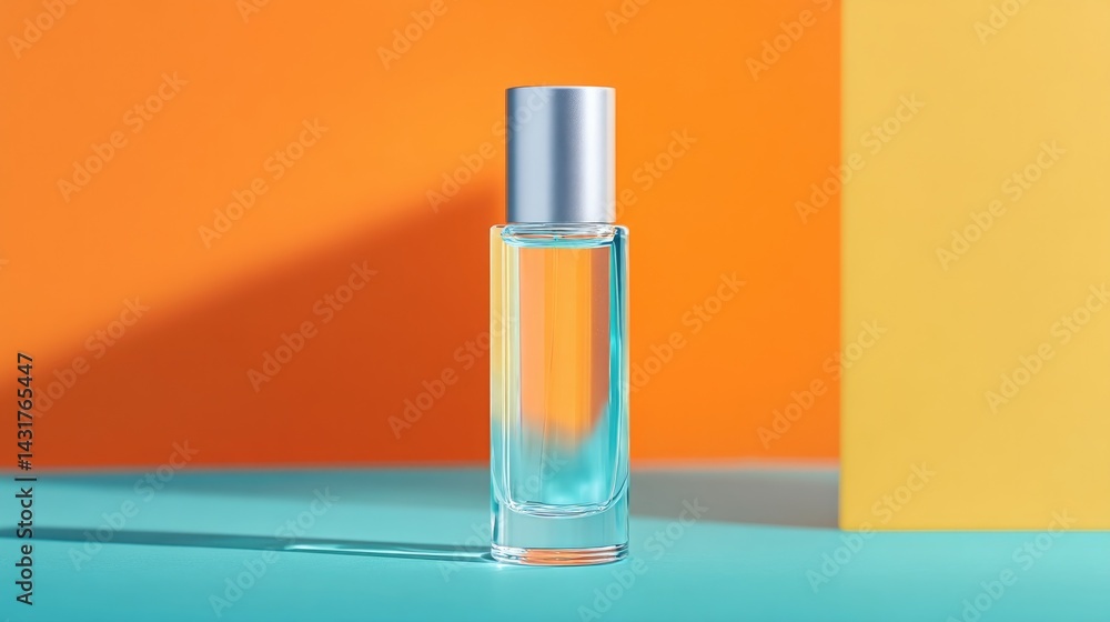 Poster minimalistic perfume pedestal centered on vibrant colored background in studio setting