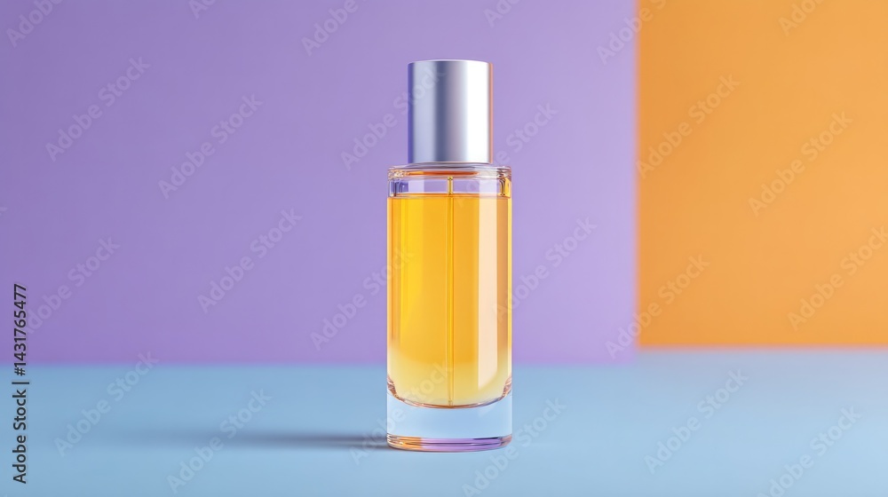 Poster minimalistic perfume pedestal centered on vibrant colored background in studio setting
