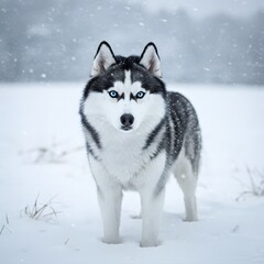 Naklejka premium Realistic husky with blue eyes standing confidently