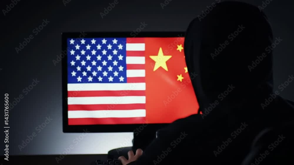 Poster cybersecurity threat: hacker targeting us and china relations with flags displayed on computer scree