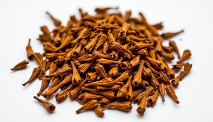 Obraz premium Dried Brown Flower Buds Pile on White Background for Natural Displays