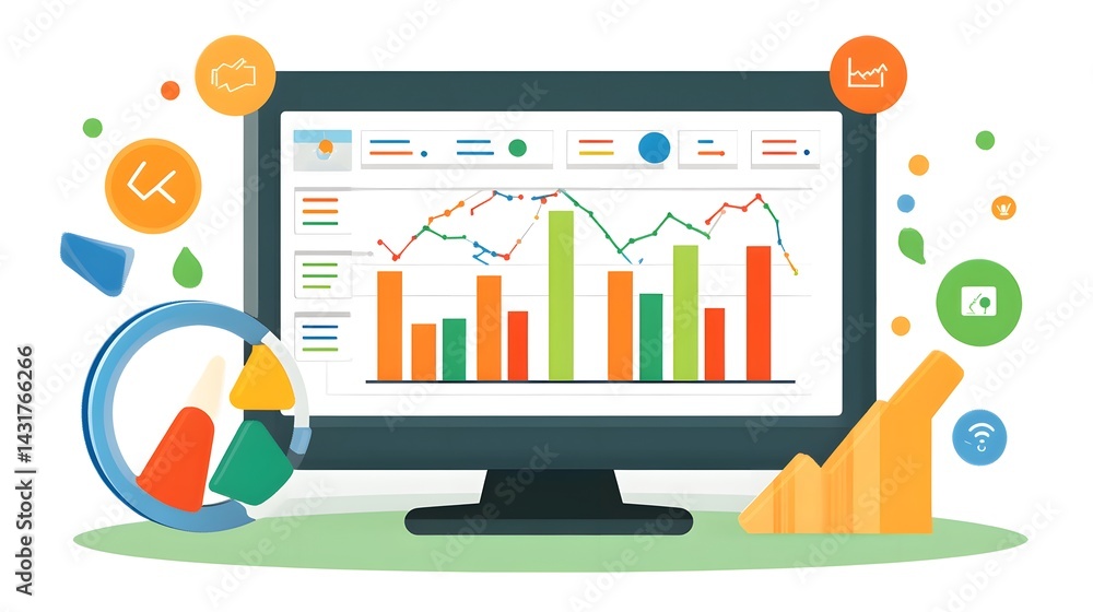 Aufkleber colorful graphs and charts displayed on a computer screen, illustrating data analysis and business i