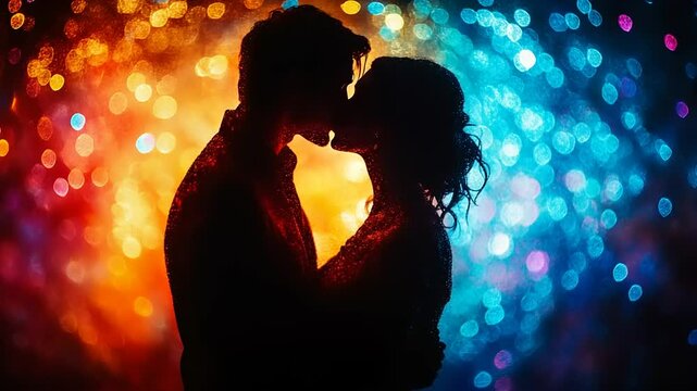 Romantic couple embrace in silhouette