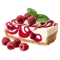 A delicious slice of raspberry cheesecake topped with fresh raspberries and mint leaves, set against a clean backdrop