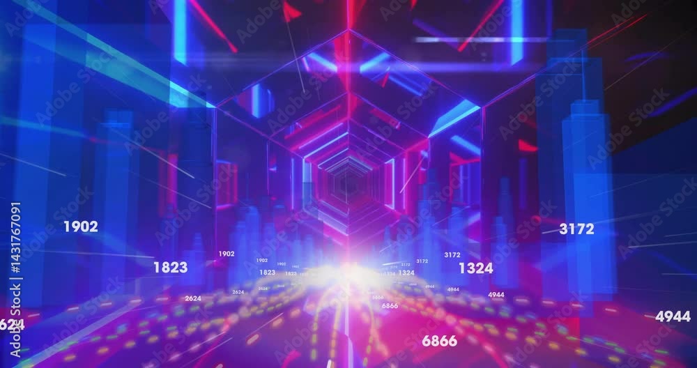 Poster Glowing hexagonal tunnel forming 3D corridor, tracing neon beams and floating numeric labels