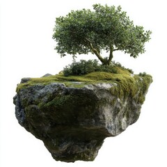 Floating island with tree and moss on white background