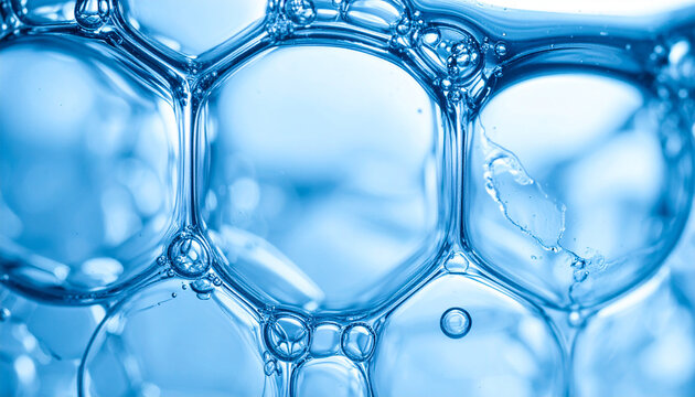 Abstract macro view of pure water molecule, crystalline blue spheres and delicate.