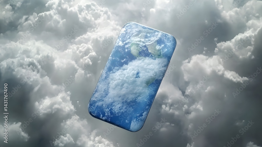 Poster a smartphone displaying a planet earth image floats amidst fluffy clouds. conceptual image represent