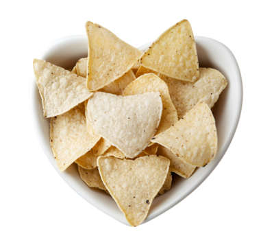 A heart-shaped bowl filled with triangular tortilla chips, set against a clean background, ideal for snack or party themes