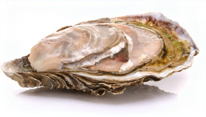Oyster resting in half shell. Moist and raw with oceanic detail, perfect for seafood themes, gourmet fine dining, and culinary luxury or coastal delicacies imagery, isolated on a white background