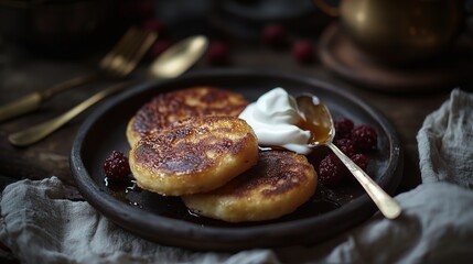 Homemade syrniki on a rustic ceramic plate, golden and fluffy, topped with a swirl of thick sour cream and a drizzle of glossy honey. Fresh berries scattered around  creating a soft pop of color.