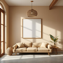 square frame mockup, japandi living room, tan sofa, clay wall, rattan pendant, concrete floor, zen minimalist interior, natural lighting