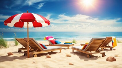 Colorful beach chairs in neat rows under a giant striped umbrella, golden sunset casting long shadows.

