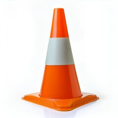 Orange safety traffic cone with reflective strip, isolated on white background. Symbol of caution, road safety, construction zones, or hazard warnings in transport-related visuals.