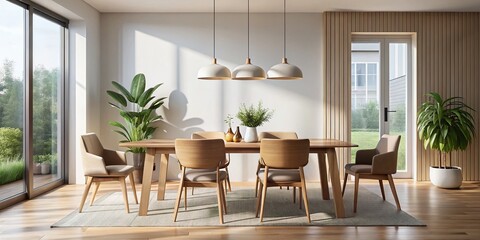 Fototapeta premium Minimalist Modern Dining Room: Wooden Table & Chairs - AI Generated Stock Photo