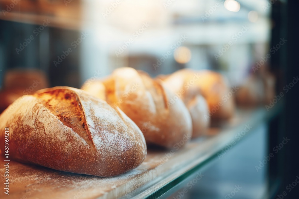 Poster minimalistic scene of artisanal bread in bakery display case with copy space