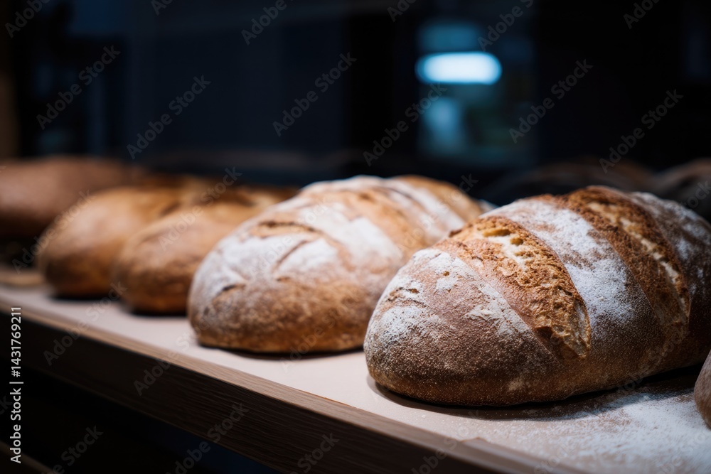 Poster minimalistic scene of artisanal bread in bakery display case with copy space