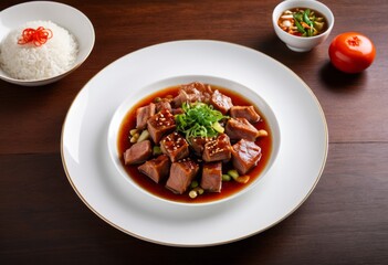 There is a plate of food topped with meat and vegetables