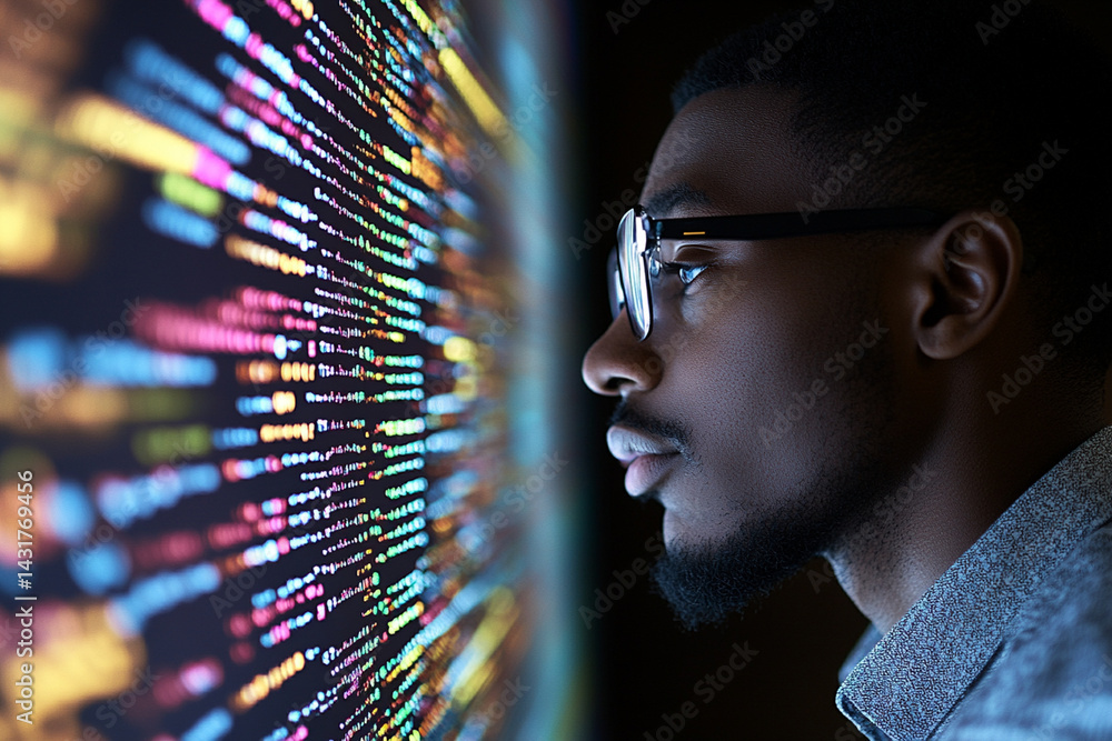 Poster ai specialist analyzes data using futuristic interface in modern workspace surrounded by technology