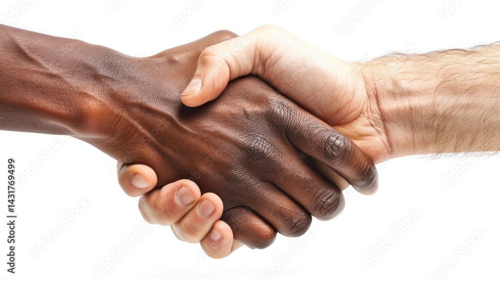 Poster close up of two man hands shaking in a gesture of agreement. macro photography of multicultural peop
