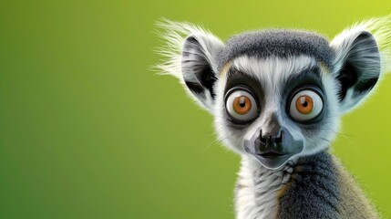Obraz premium Advertising banner poster, very realistic cute smiling lemur catta, bright green colors, photorealism 