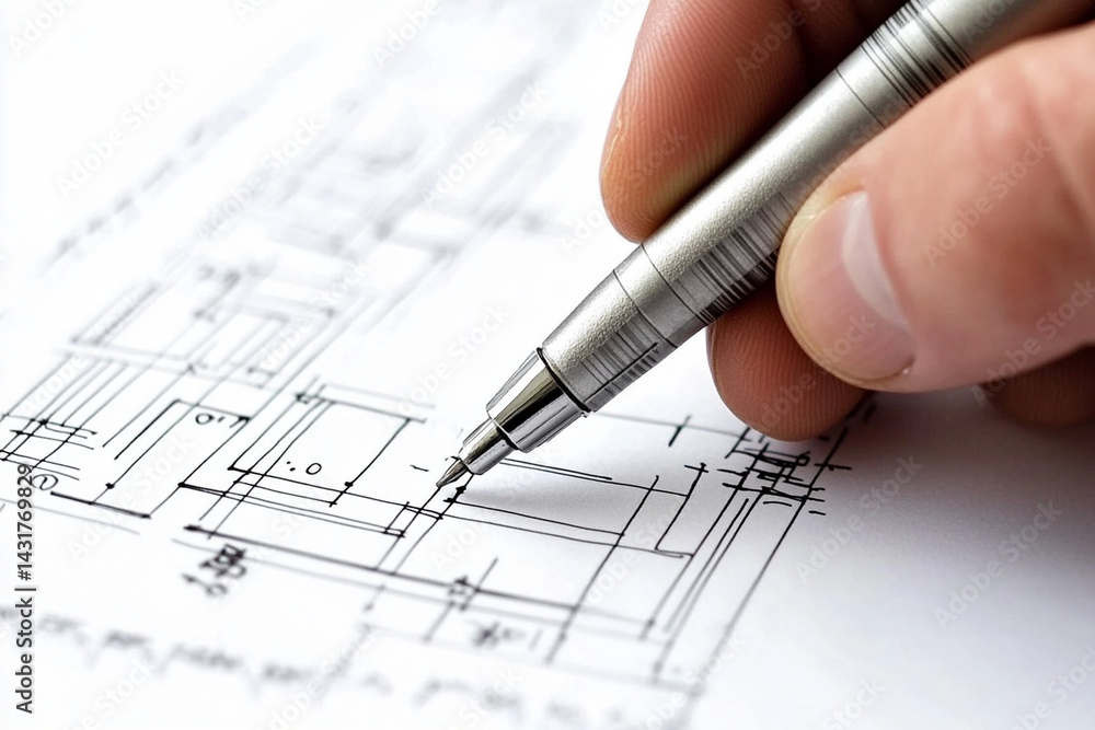 Poster architect designing a renovation project in a modern workspace with sketches and materials on the ta