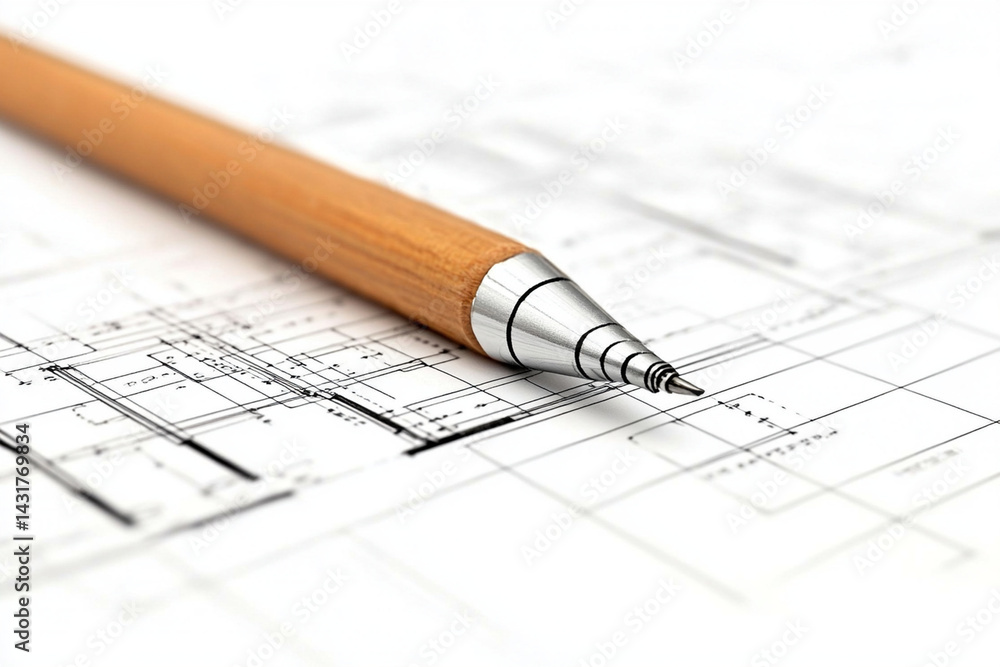 Poster architect designing a renovation project in an urban space with detailed plans and materials on a wo