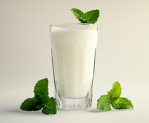 Glass of refreshing buttermilk or ayran with fresh mint leaves, representing a healthy and traditional beverage.