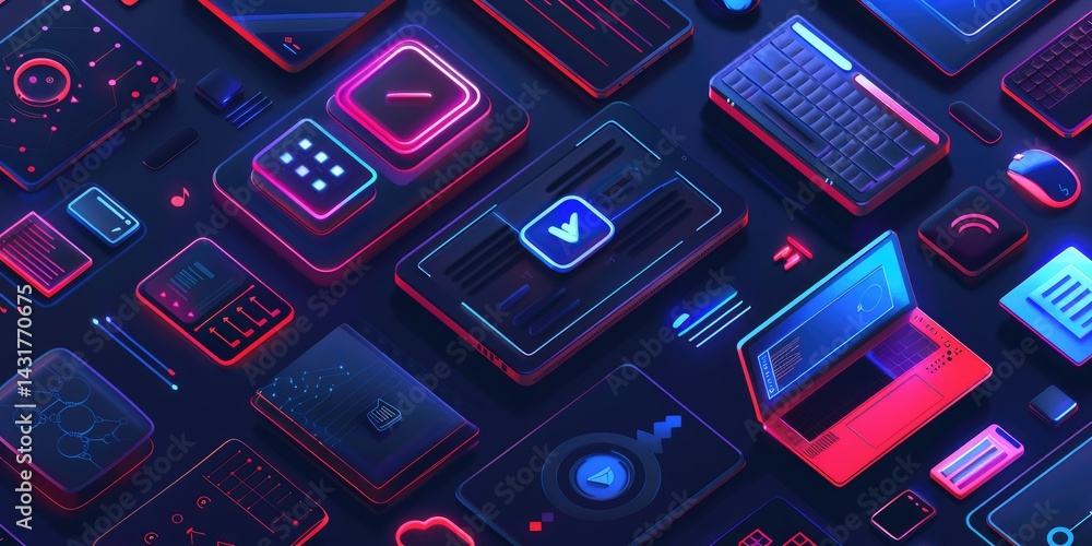 Poster futuristic digital interface with glowing neon icons and devices. technology background for innovati