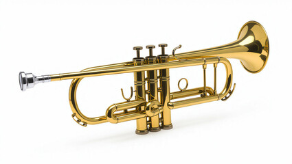 Obraz premium A shining golden brass trumpet captured in soft light, isolated on a white background. Perfect for music, jazz, brass instruments, or artistic object compositions.