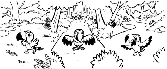 A rustic wood sign with a buzzard painted on it, hangs by a rope from a tree deep in the jungle, - blank copy space for a custom message, tropical theme - palm leaves and dense greenery