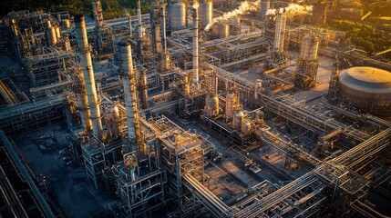 Aerial view of an oil refinery complex at sunset