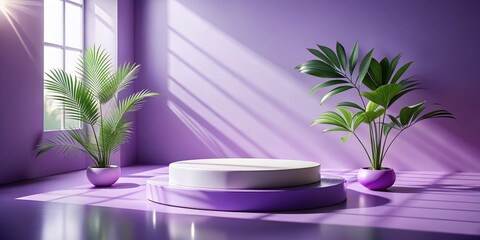 Obraz premium Minimalist Purple Podium Cosmetic Product Presentation - Natural Leaf Platform & Window Light